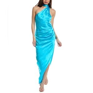 Amanda Uprichard Jaida Silk One-Shoulder side slit Teal Blue Maxi Dress NWT
